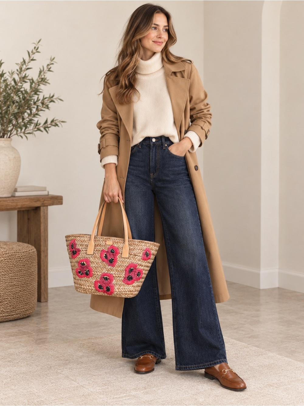 Frances Valentine New York Straw Raffia Floral Tote Bag